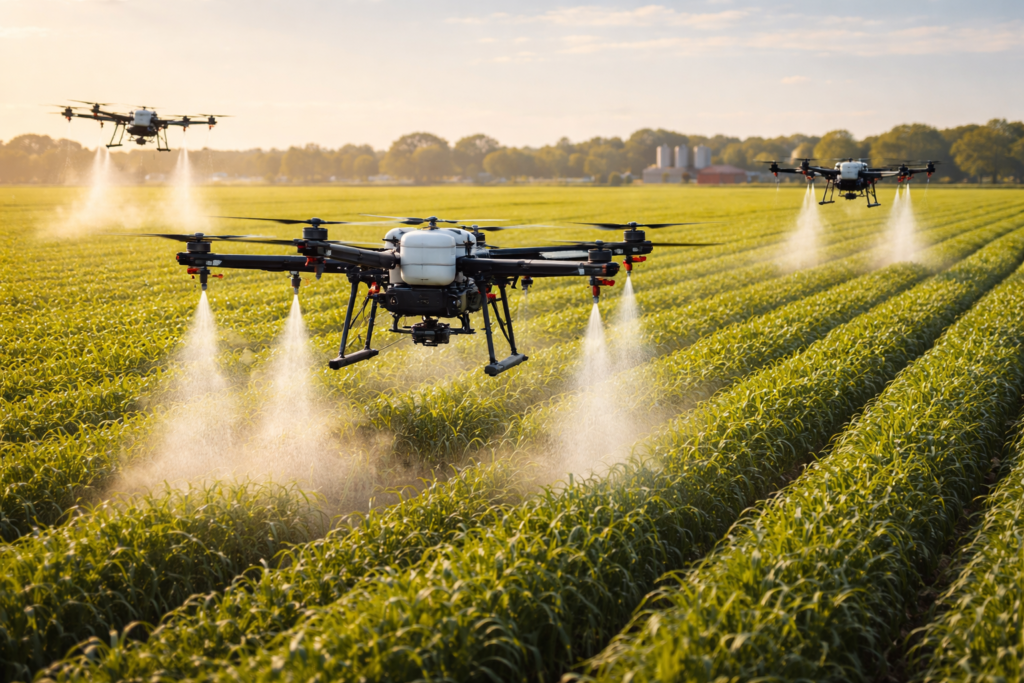 Agricultural drones flying over crops spraying.