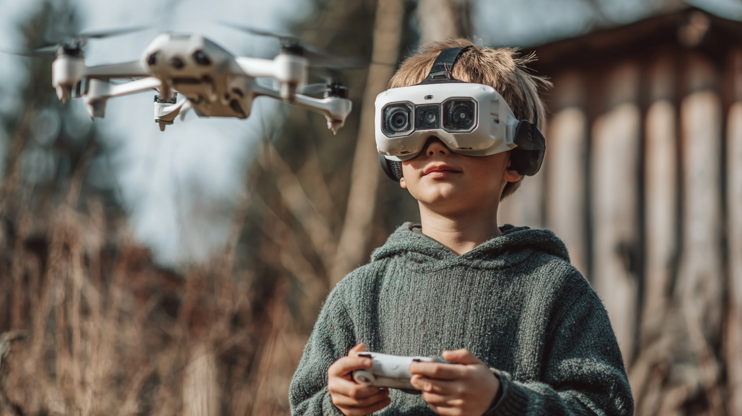 A kid with drone goggles on and a drone flying next to him.