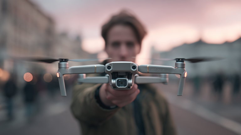 A man holding a DJI Drone to the camera. The face is behind the drone and you can't see him...