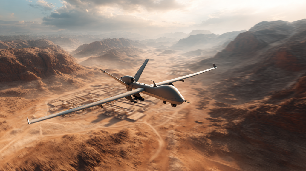 Military drone in flight over desert base.