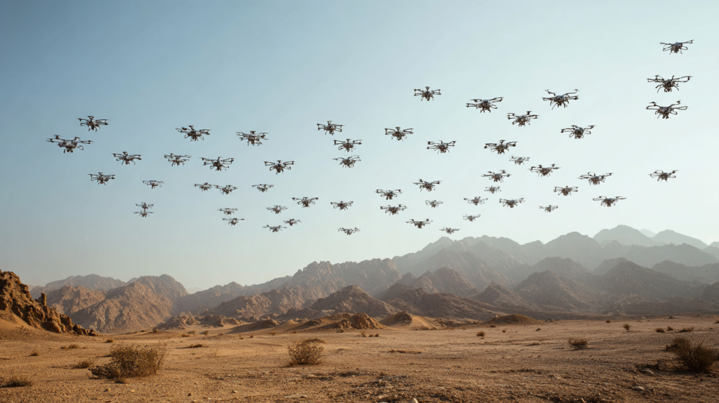 small Military Drone Swarm over a dessert
