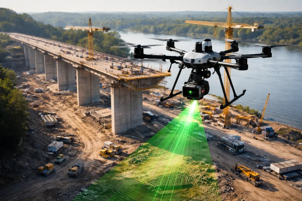 Drones with lidar at a bridge construction site.