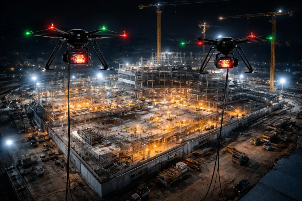 Tethered Drones with infrared cameras over looking a construction site at night.