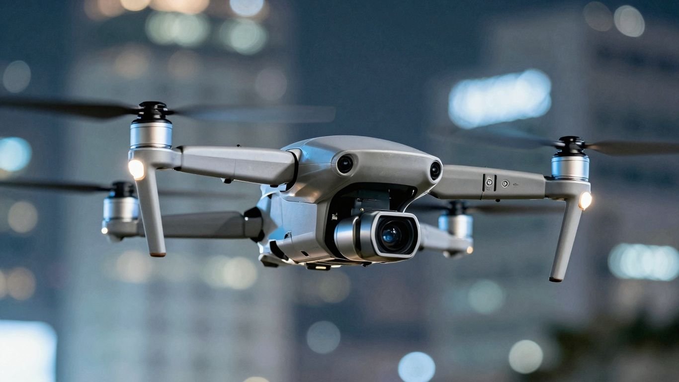 Advanced drone with sleek design and visible camera.