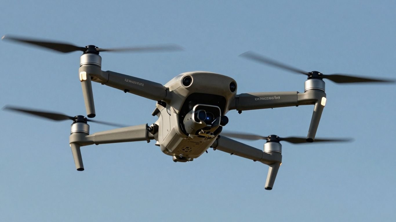 Drone flying in a clear blue sky.