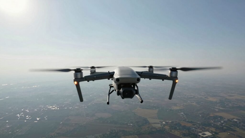 Drone flying long distance in open sky.