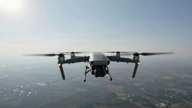 Drone flying long distance in open sky.