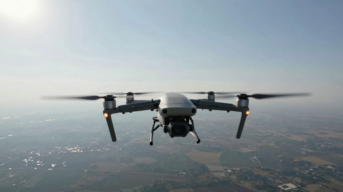 Drone flying long distance in open sky.