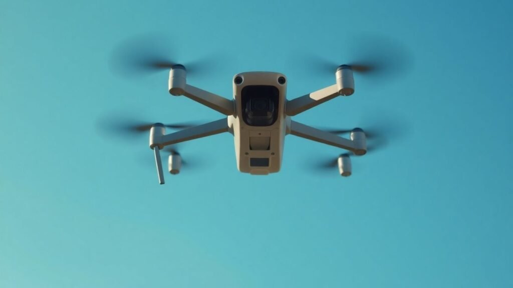 Drone hovering in a clear blue sky.