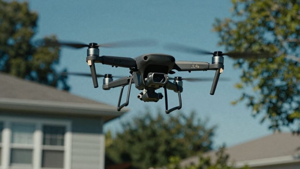 Drone flying over private property, sky background.