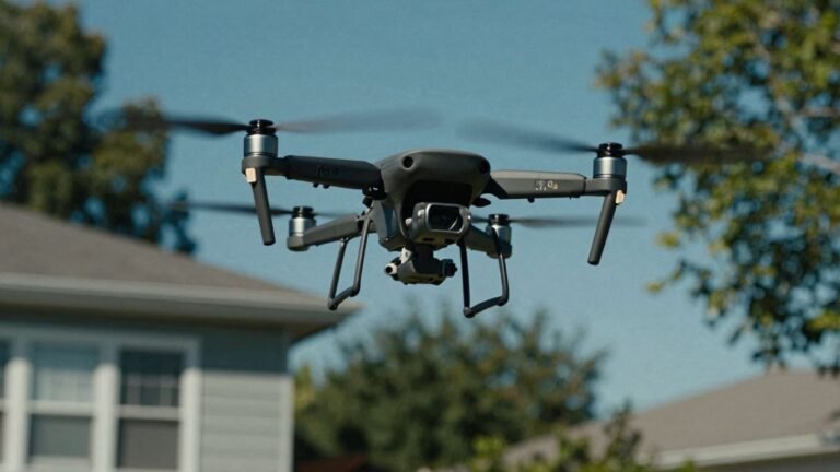 Drone flying over private property, sky background.
