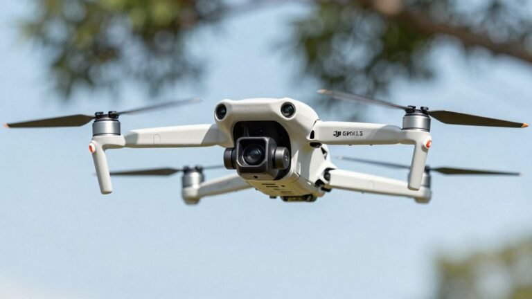 DJI Mini 3 drone flying in a blue sky.