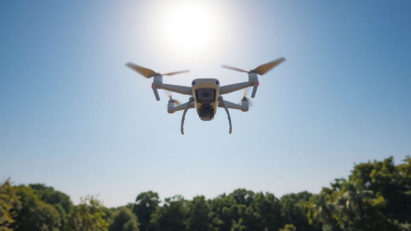 Beginner drone flying in a blue sky over a park.