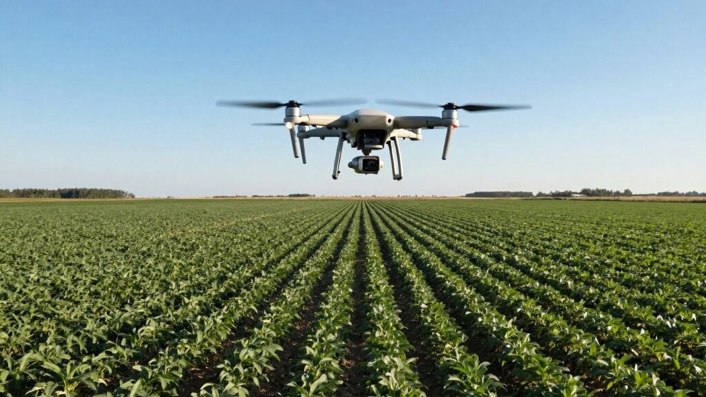 Drone flying over a green farm field.