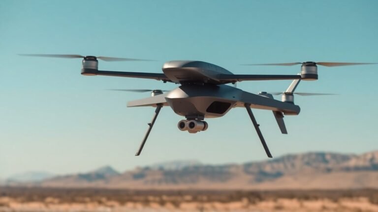 Modern military drone in flight over landscape.