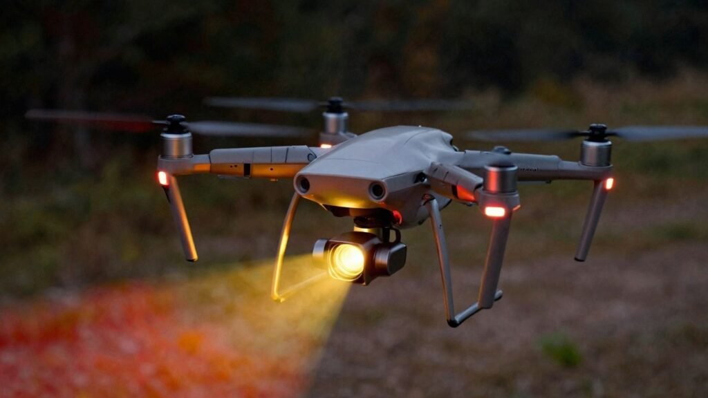 Drone with thermal camera detecting heat signatures.