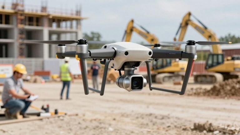 Drone surveying a construction site with buildings and machinery.