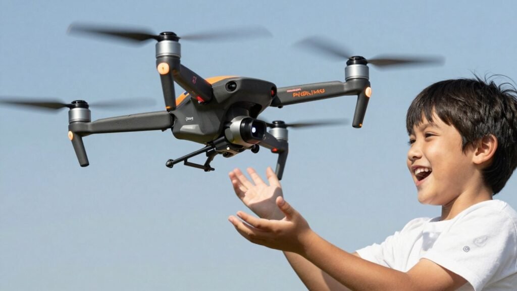 Child flying a colorful drone in a park.