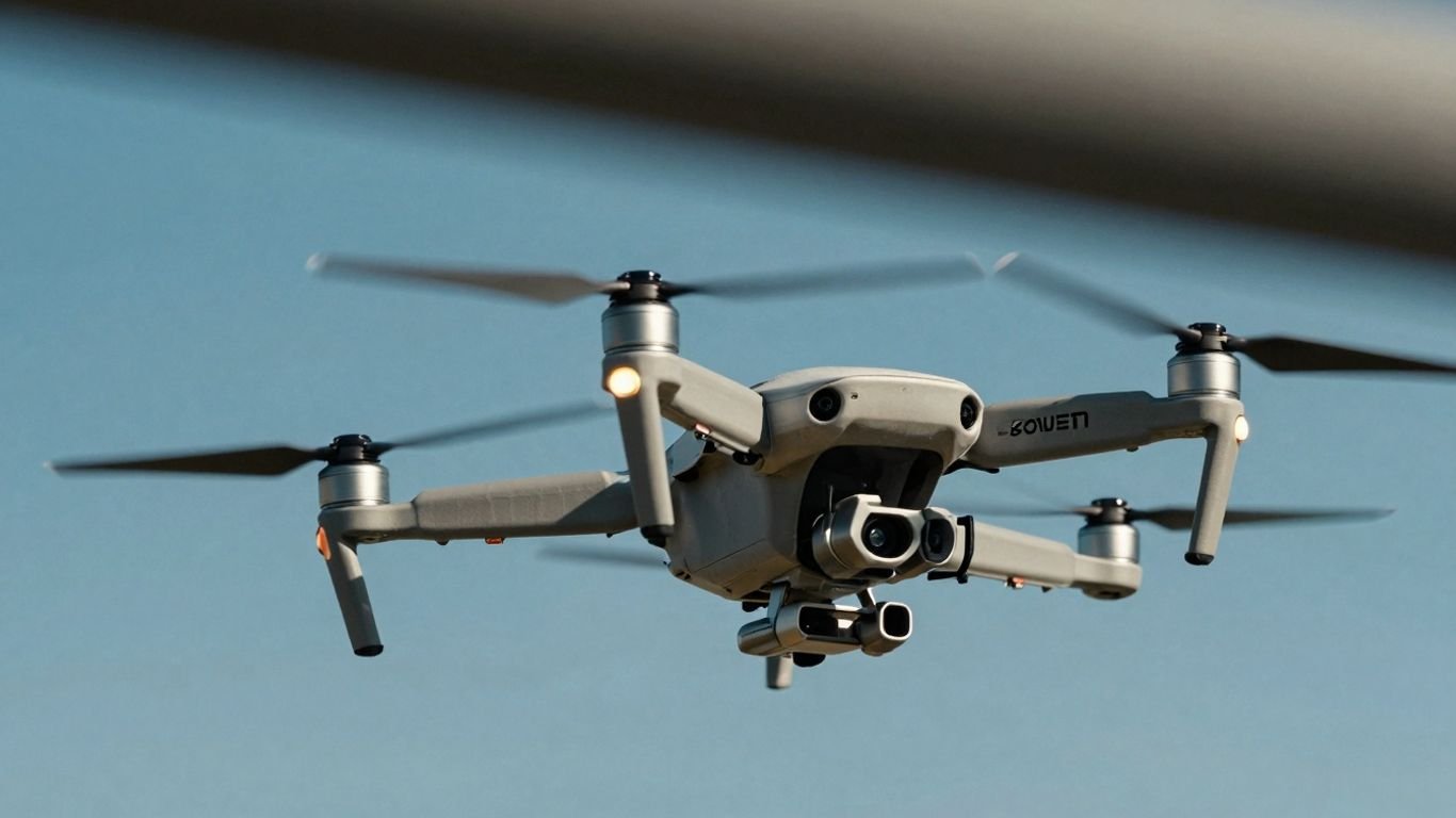 Beginner drone flying in a clear blue sky.