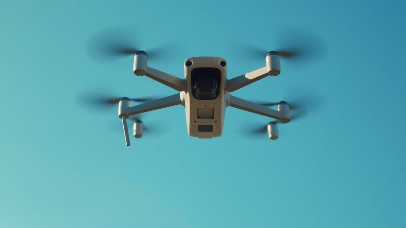 Drone hovering in a clear blue sky.