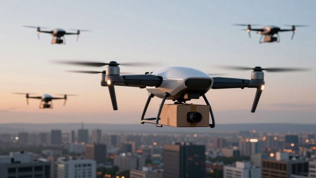 Futuristic drones flying over a city at dusk.