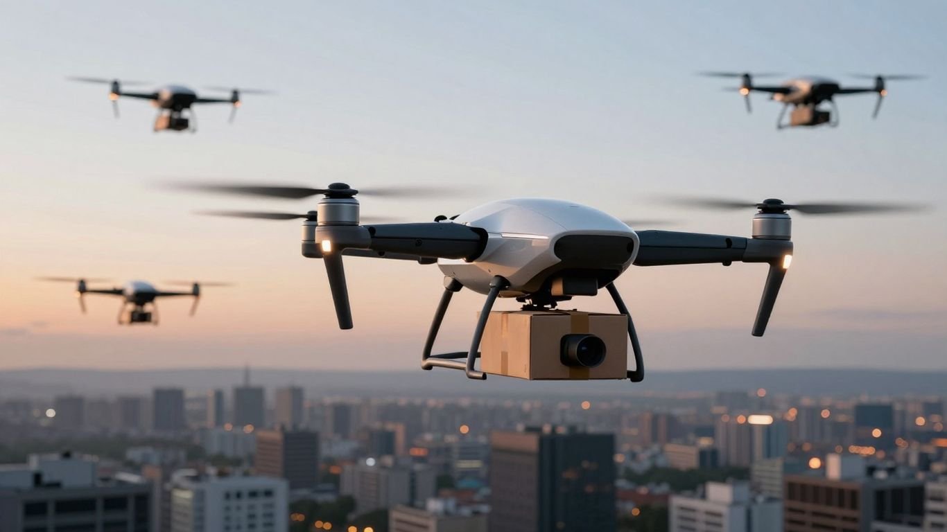 Futuristic drones flying over a city at dusk.