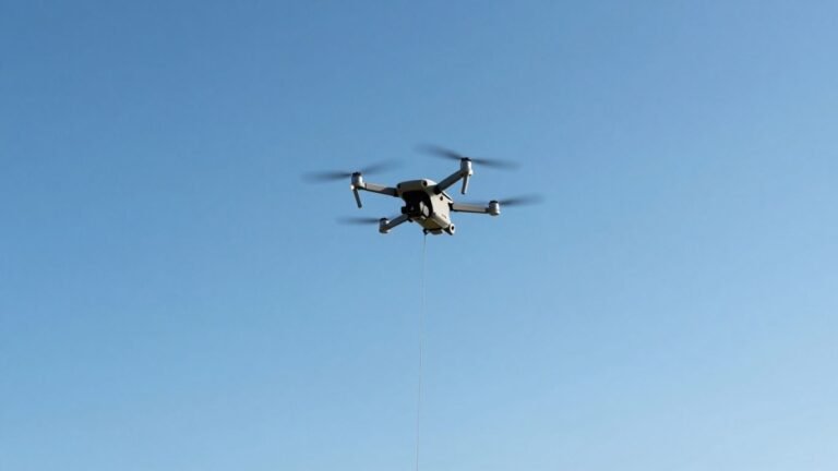 Tethered drone flying high in a clear blue sky.