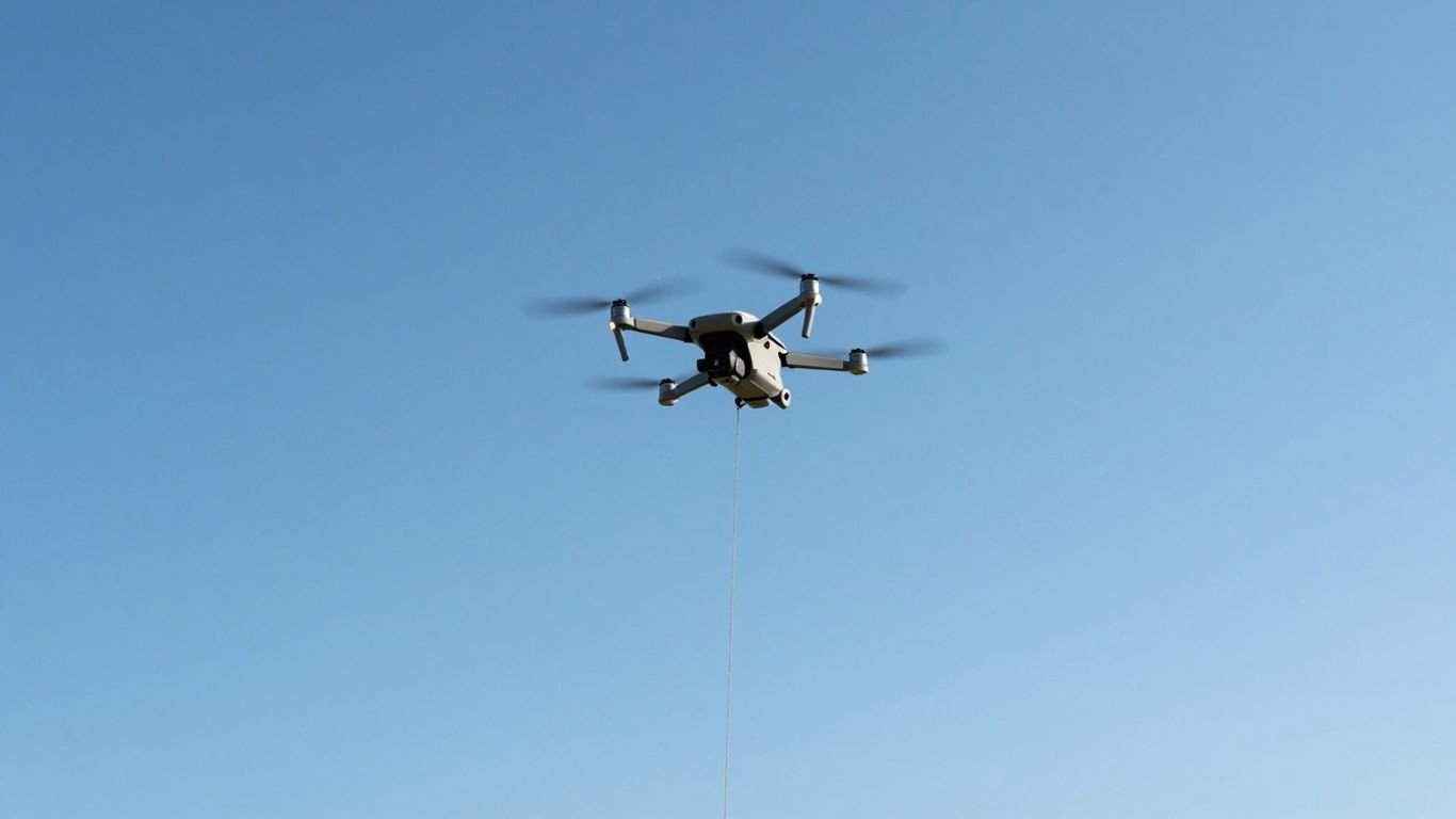 Tethered drone flying high in a clear blue sky.