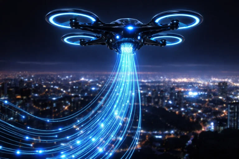 Futuristic tether drone with fiber optic