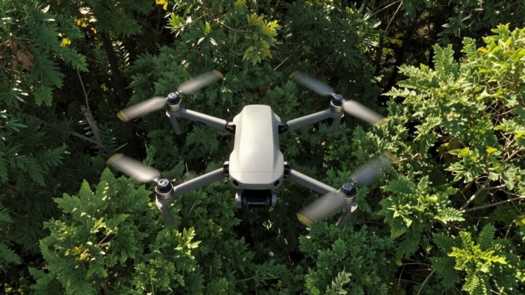 Drone flying over a green forest canopy.
