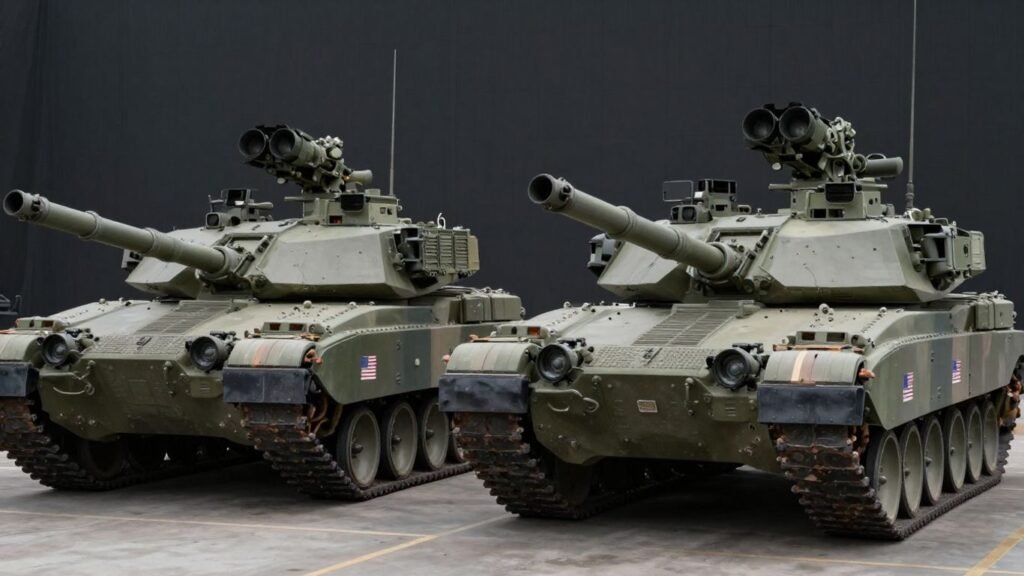 US Army tanks and IFVs with counter-drone turrets.