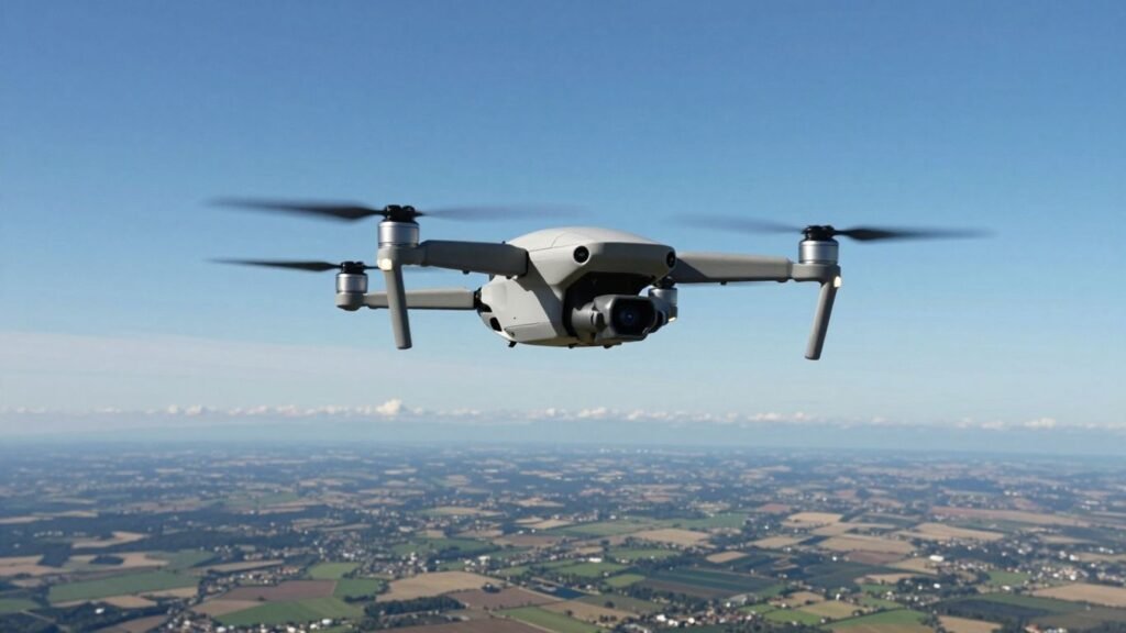 Drone capturing aerial footage of a landscape.