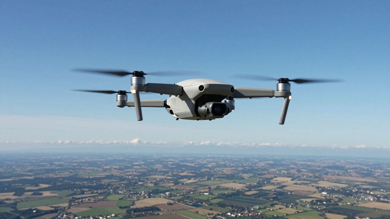 Drone capturing aerial footage of a landscape.