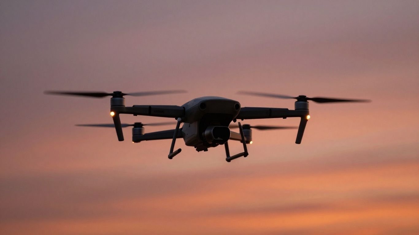 Drone flying with extended battery life at sunset.