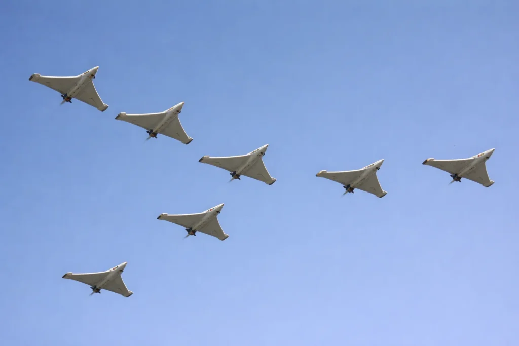 Iranian drones in flight against a clear sky.