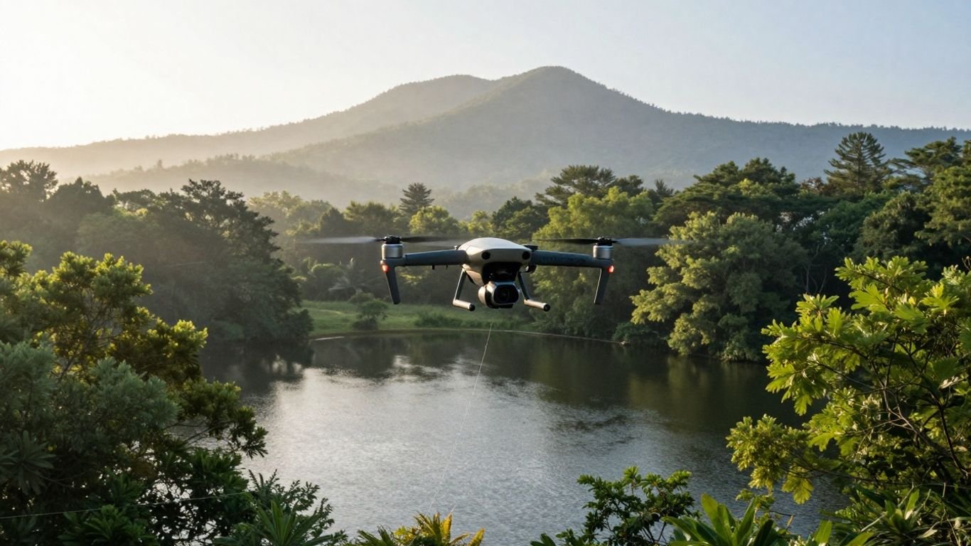 Drone fishing over a calm lake at sunrise.