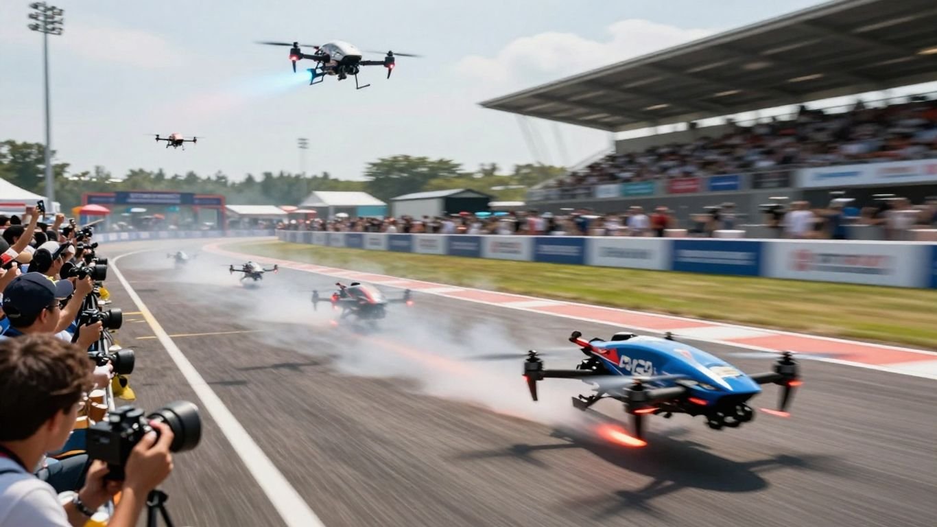 FPV drones racing through a colorful, illuminated obstacle course.
