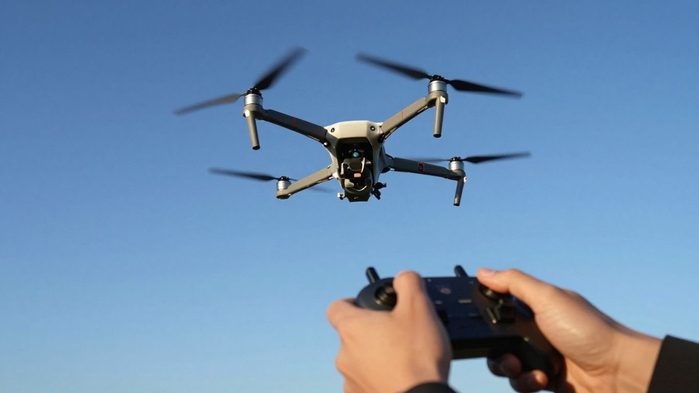 Drone flying in a clear blue sky.