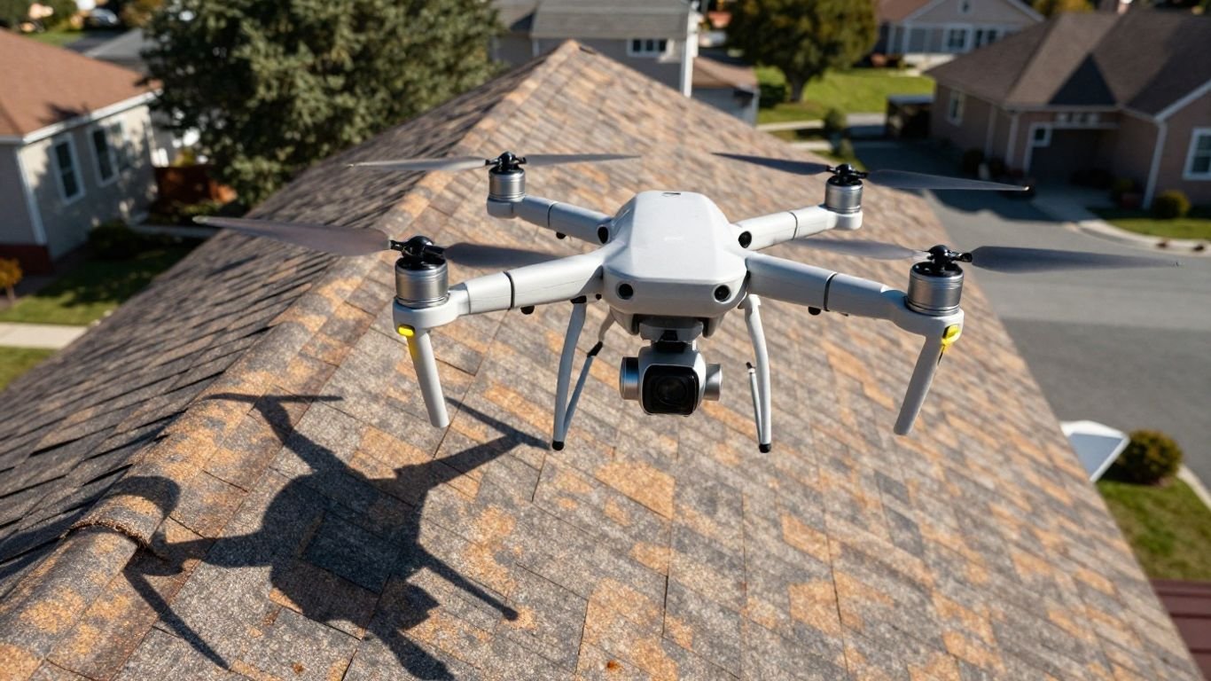 Drone inspecting a residential roof from above.