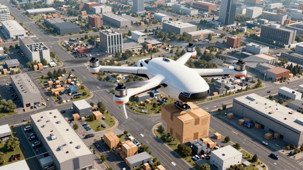 Drone delivering package over cityscape