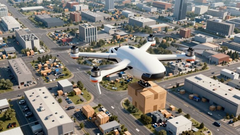 Drone delivering package over cityscape
