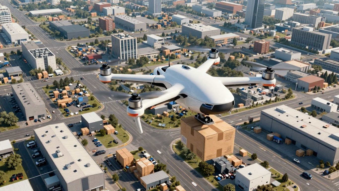 Drone delivering package over cityscape