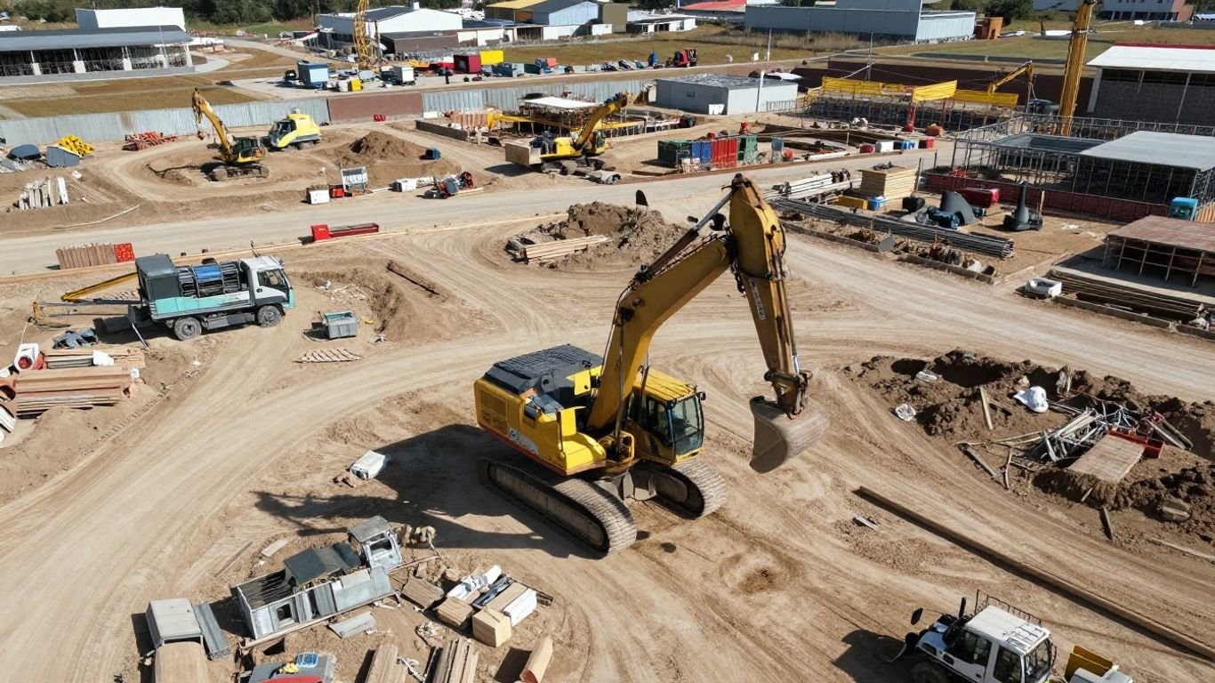 Drone surveying a large construction site from above.
