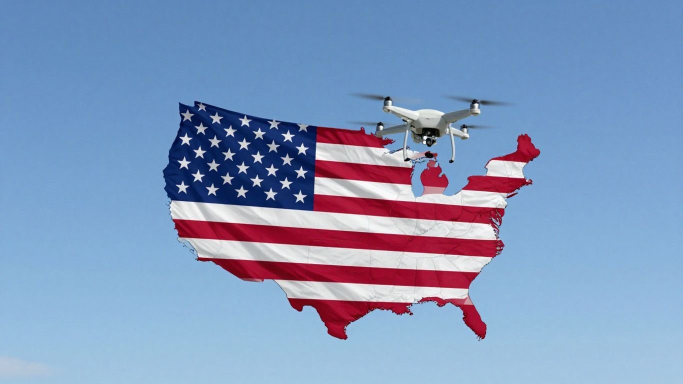 Drone flying over a stylized US flag map.