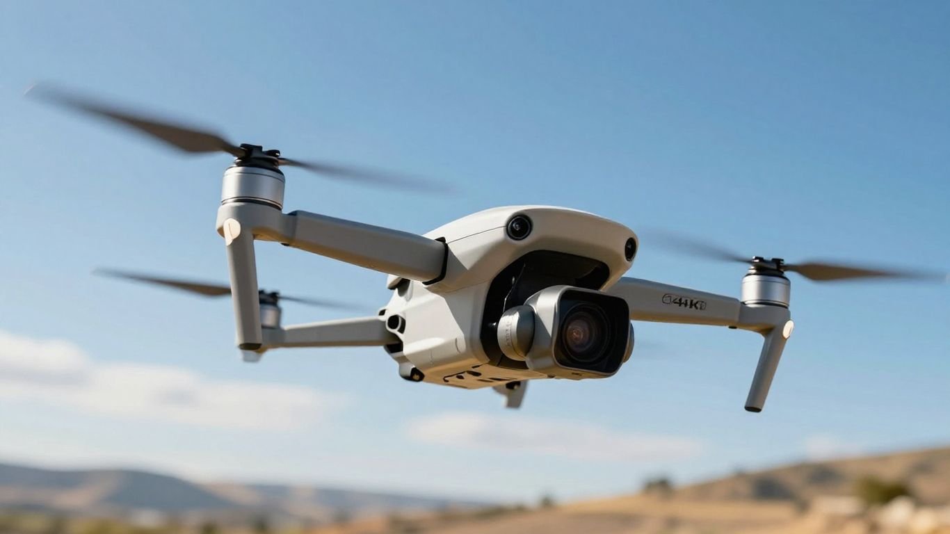 4K camera drone flying over a scenic landscape.