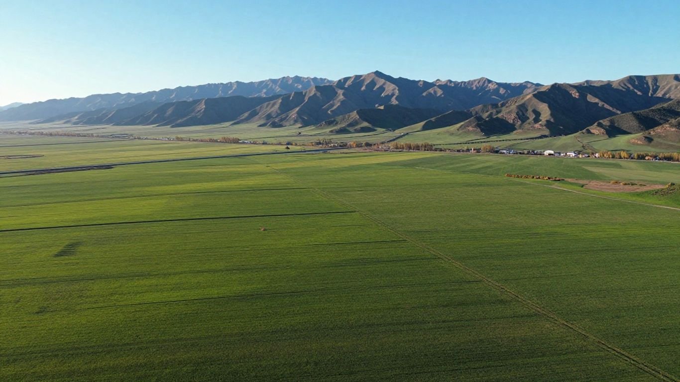 Drone view of mountains and green fields.