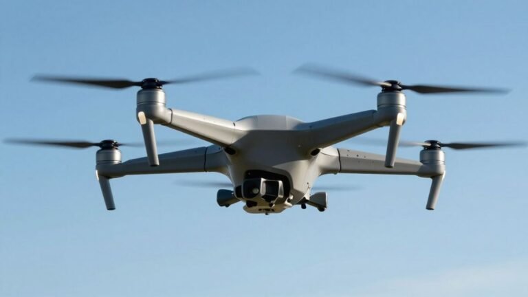 Drone flying quietly in a clear blue sky.