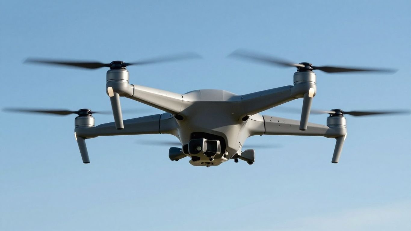 Drone flying quietly in a clear blue sky.