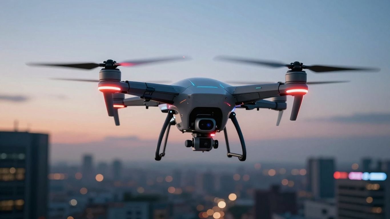 Futuristic drone in a city at twilight.