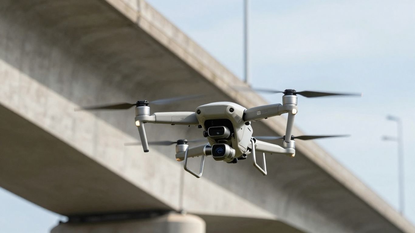 Drone inspecting a large concrete bridge from below.